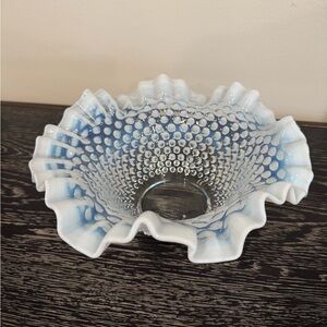 Vintage Fenton Moonstone Opalescent Hobnail Ruffled Edge Bowl